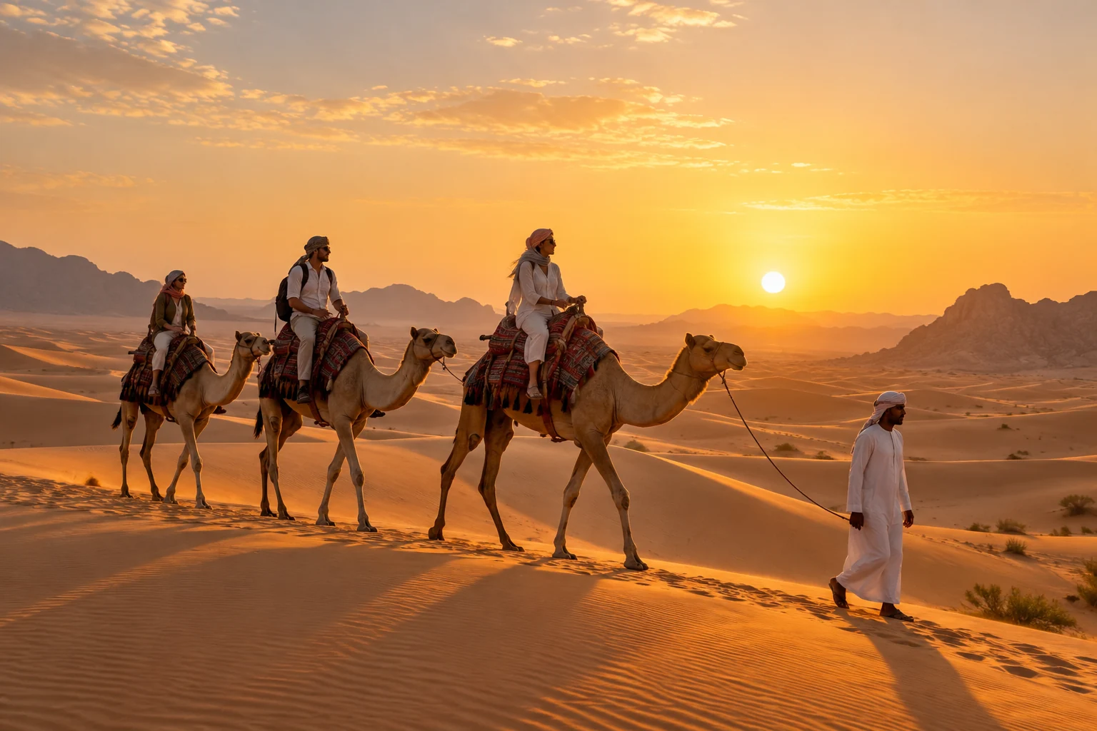 Camel caravan crossing the Arabian desert at sunset