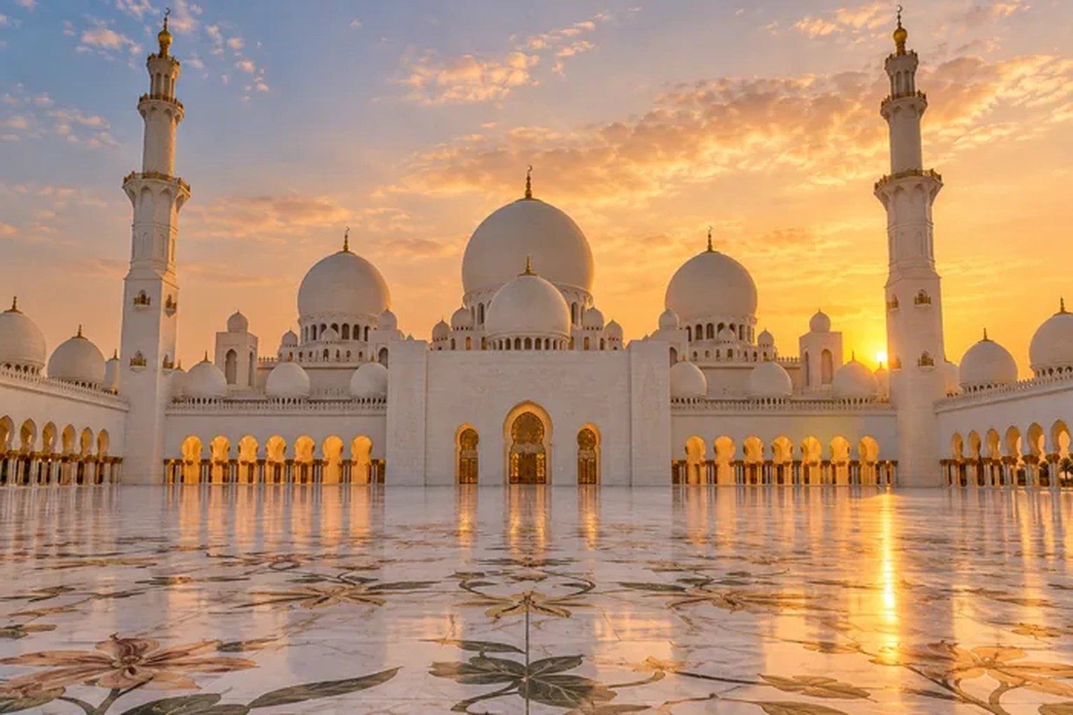 Sheikh Zayed Grand Mosque in golden evening light